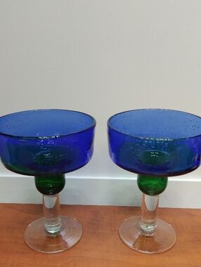 Set of 2 Blue and Green Art Bubble Glass Dessert Or Margarita Goblets